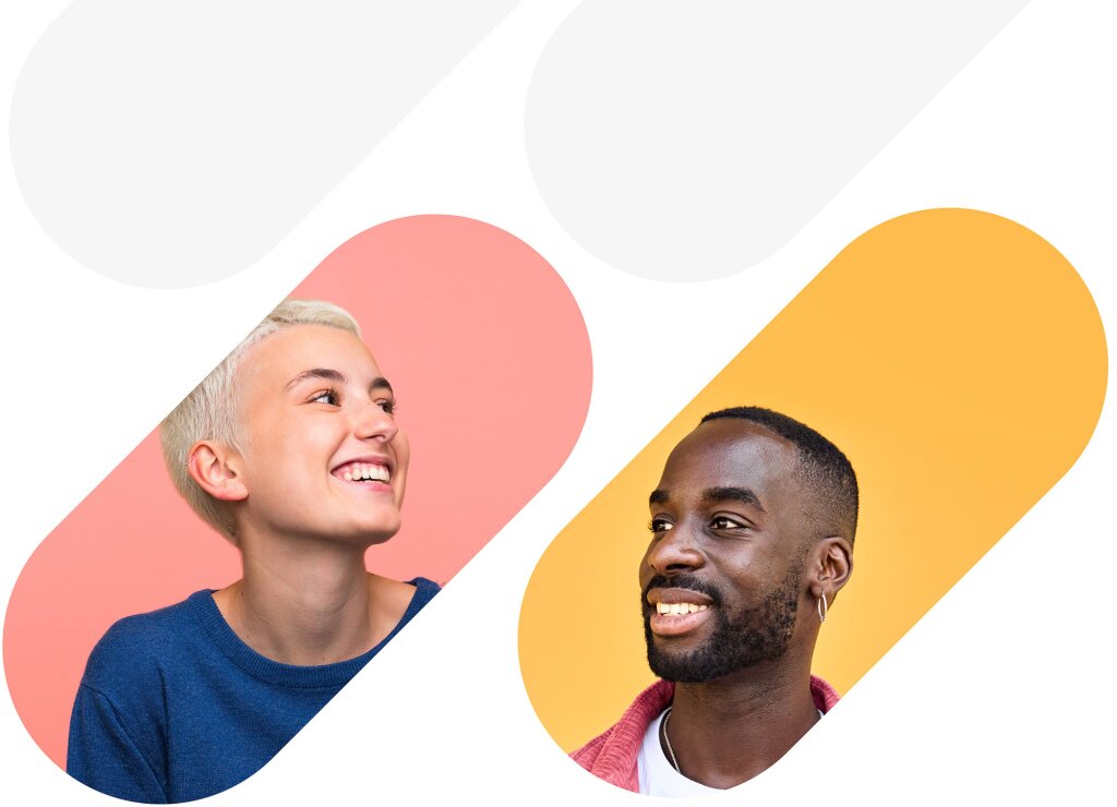 A person with short blonde hair and a person with a beard smiling, framed in overlapping colored ovals.