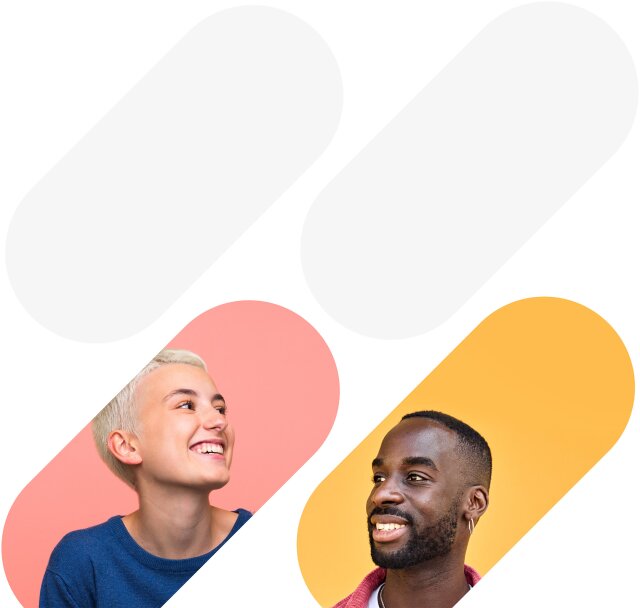 A person with short blonde hair and a person with a beard smiling, framed in overlapping colored ovals.